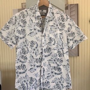 White and Blue Casual Button Down Shirt with Tropical Print